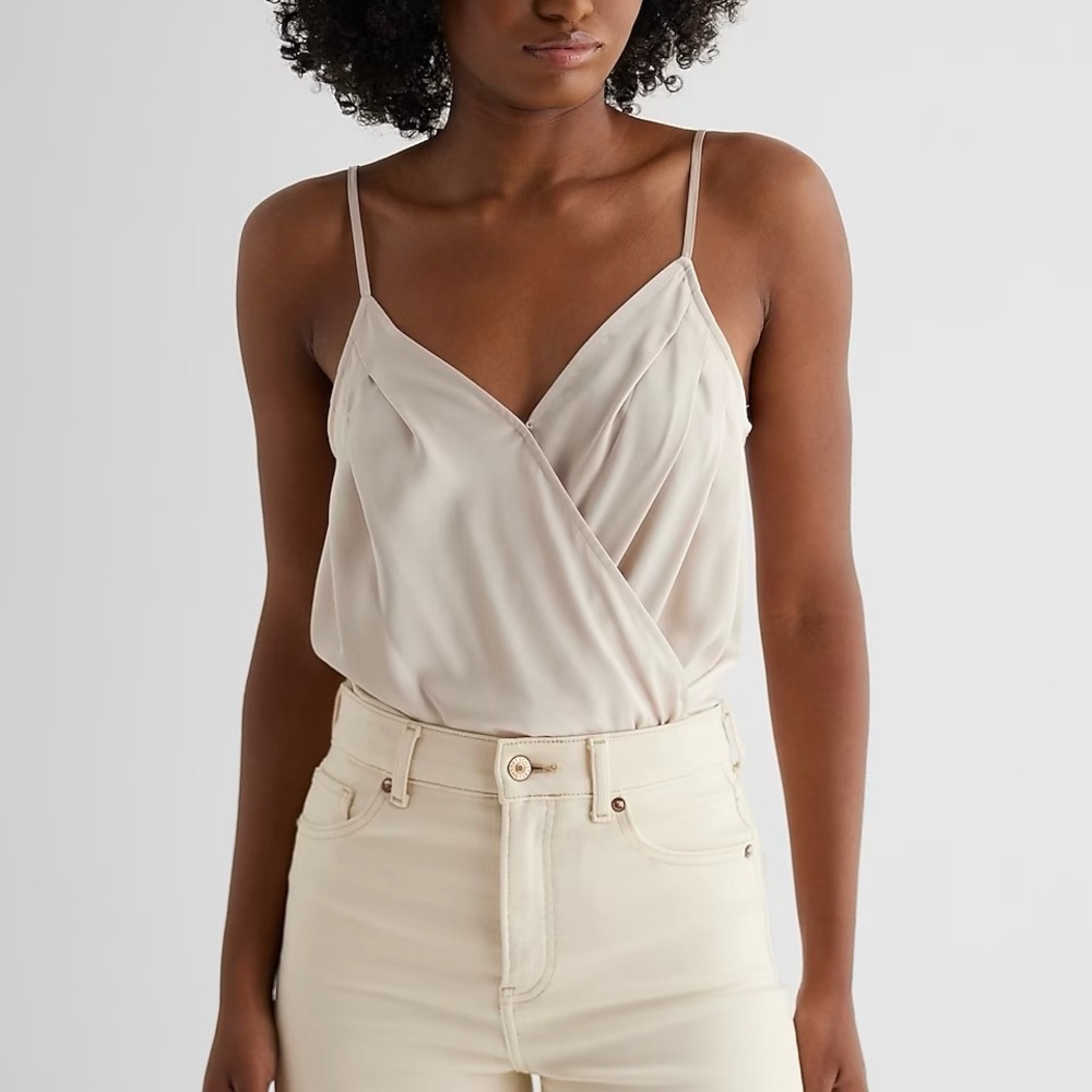 Express Satin Pleated Faux Wrap Cami Bodysuit